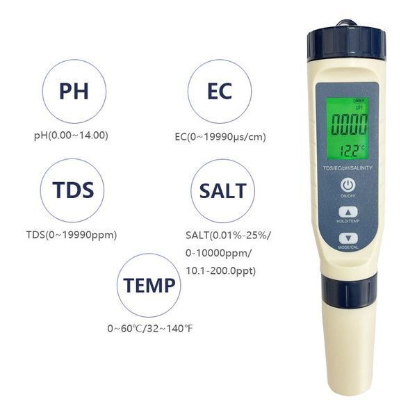 Покращений комбінований прилад 5 в 1 EZ9909 з підсвічуванням (pH, EC, TDS, Salinity, Temp) 4125 фото